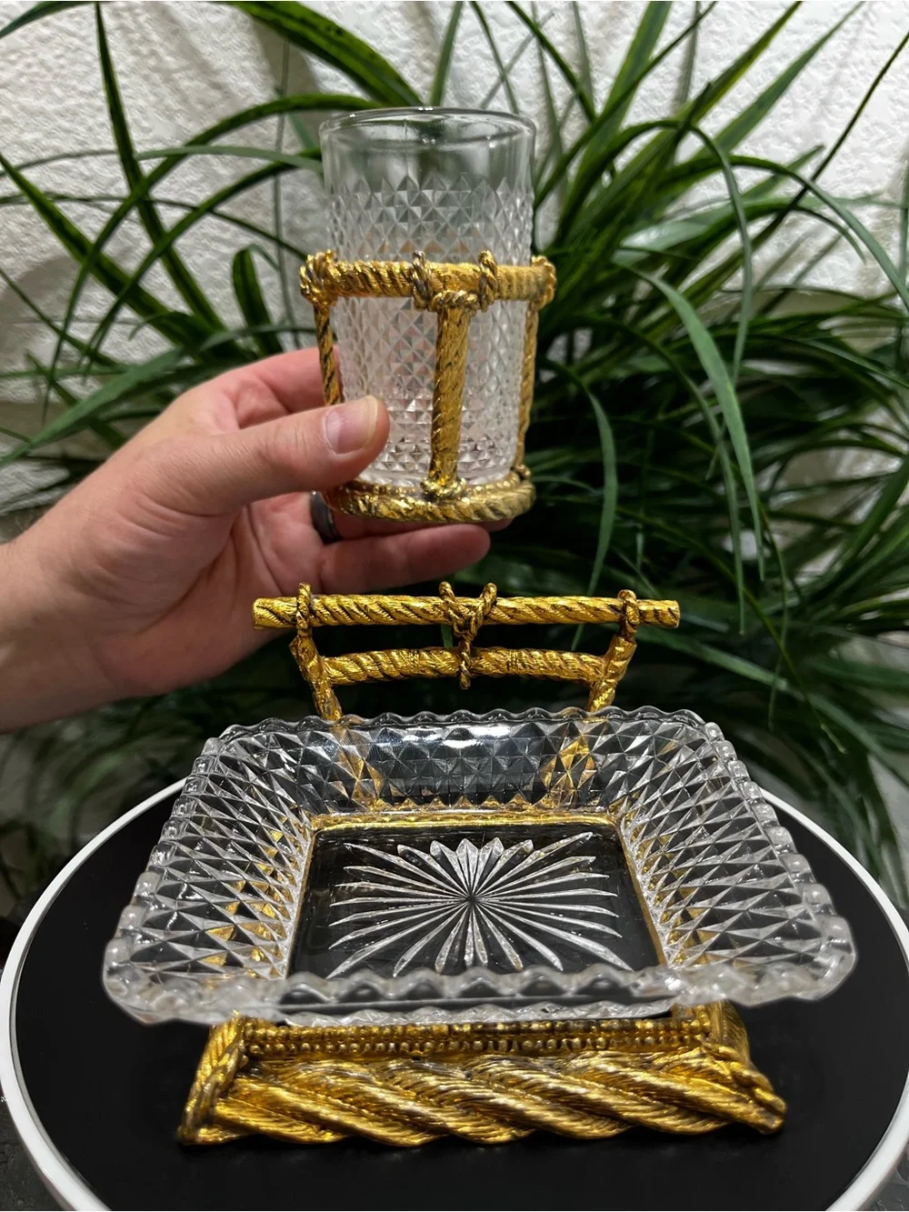 Vintage MCM Hollywood Regency Rope Braid Design Soap Dish and Glass Holder Set